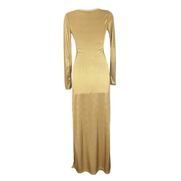 BCBGMaxAzria Fresno Metallic Gold Long Sleeve Cocktail Maxi Dress Women's XS - Picture 3 of 4